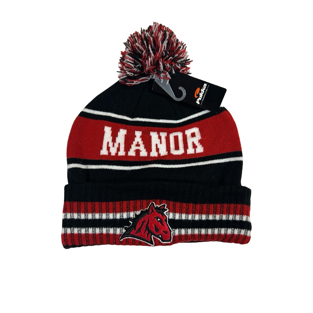 Pukka Manor Mustangs Pom Beanie Hat Black Red White Knit Cuffed‎ Cap NWT